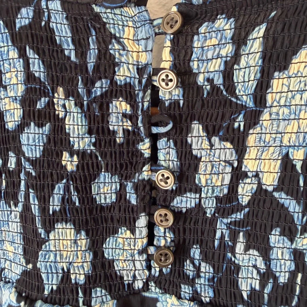 J. Crew Floral Smocked Blouse M Blue Ruffle Mock Neck Cottagecore Lined Boho